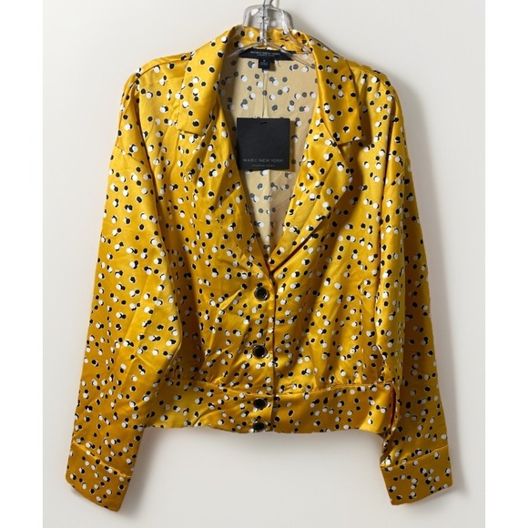 Marc New York Andrew Marc Tops - Marc New York Cropped Blouse Jacket Women Medium Satin Yellow Dot Button Up